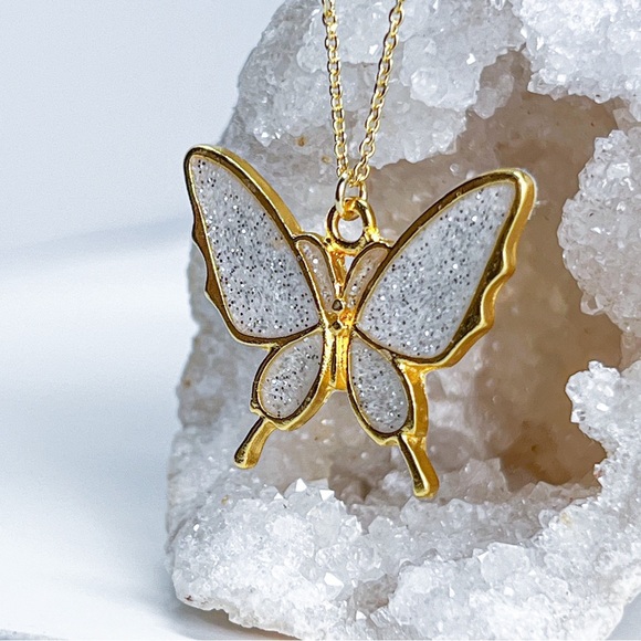 3/$20 14k Gold White Glitter Resin Butterfly Handmade Charm Pendant Necklace - Picture 4 of 6